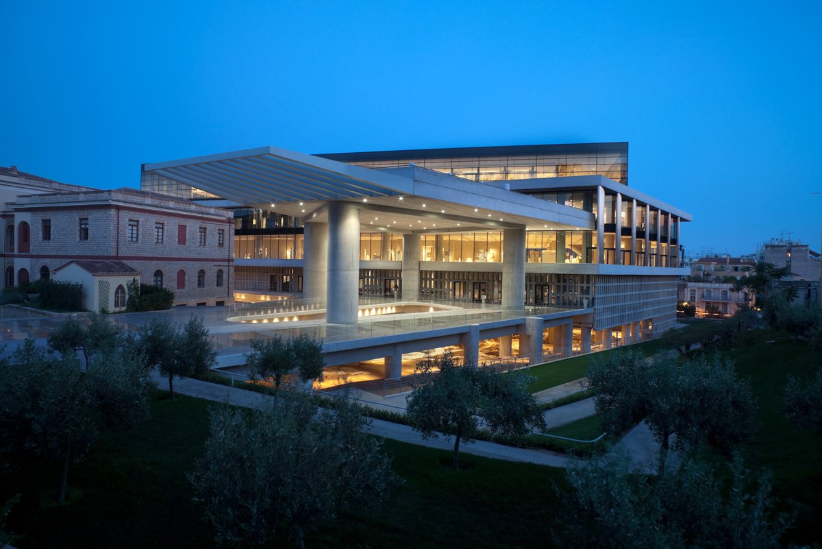 The Acropolis Museum in Athens illuminated at dusk